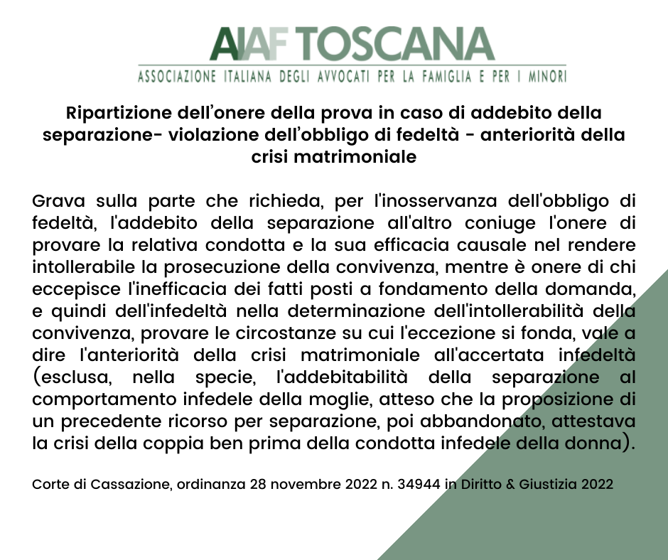 RASSEGNA GIURISPRUDENZIALE Ripartizione dell’onere della prova in caso di addebito della separazione- violazione dell’obbligo di fedeltà - anteriorità della crisi matrimoniale